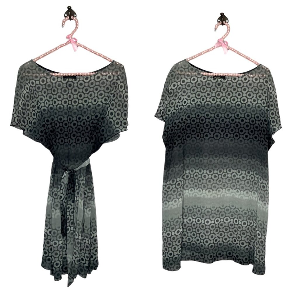 Lane Bryant 18/20 Gray Black Polka Dot Chiffon Belted Pullover Tunic Top Plus 1X